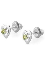 terrific teeny white gold heart light green birthstone baby earrings